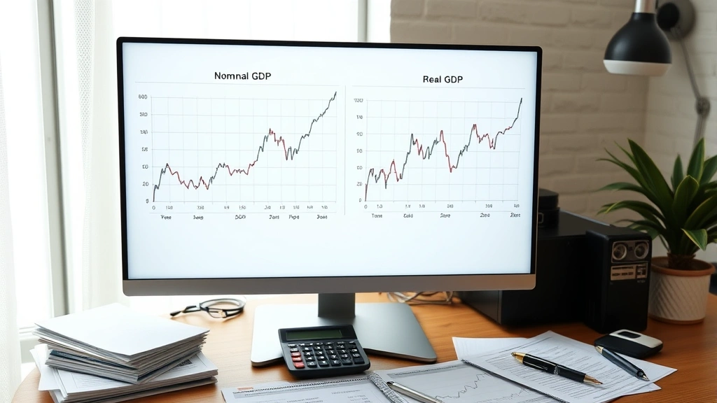 Split-screen comparison showing nominal vs real GDP line graphs on a computer monitor, with calculator and financial documents scattered on desk, professional home office setting