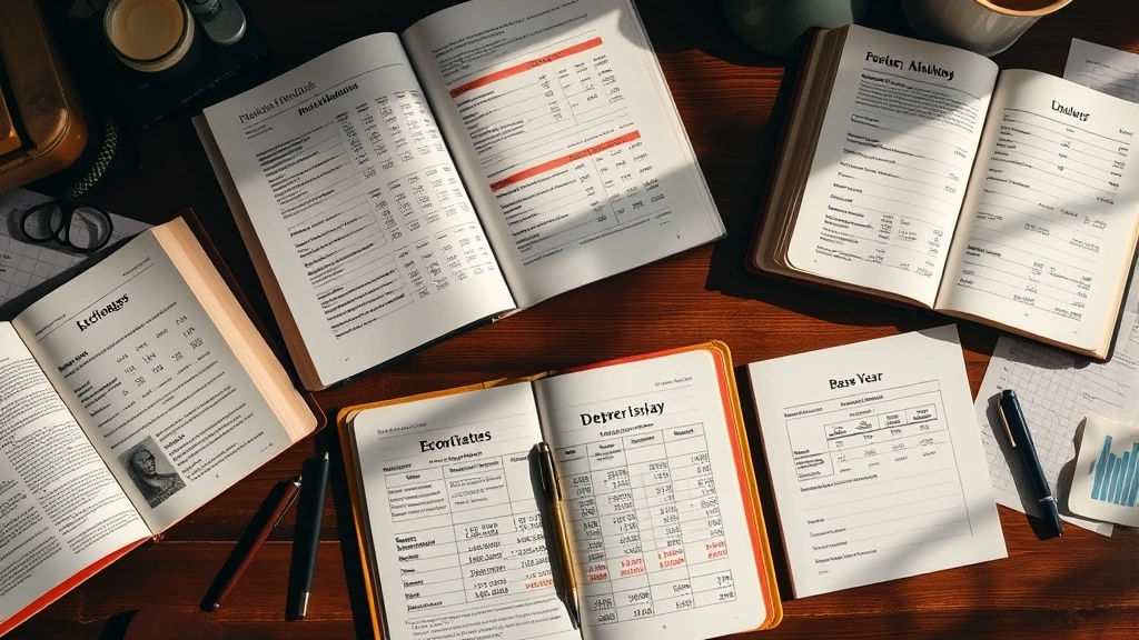 Overhead shot of economist's desk with multiple open economics textbooks, spreadsheets showing GDP data, deflator calculations, and base year comparisons, warm natural light