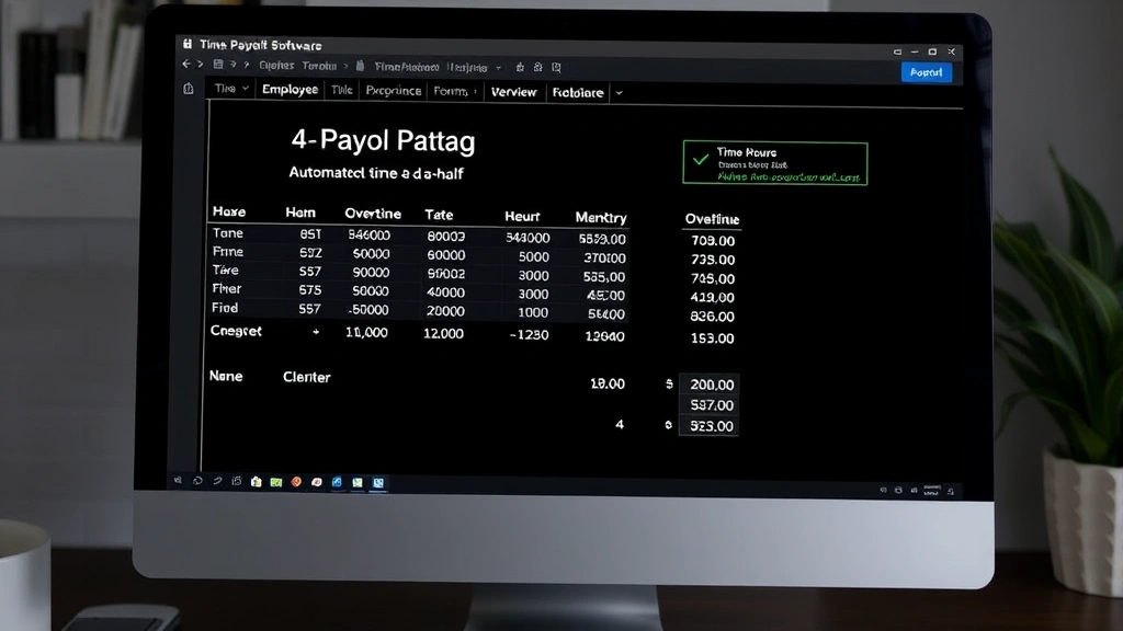 Digital payroll software interface on computer screen displaying employee time tracking, overtime hours, and automatic time-and-a-half rate calculations in spreadsheet format