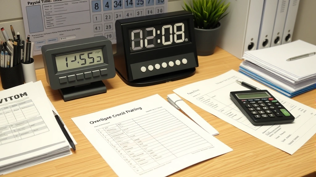Organized payroll office workspace with time clock, employee records, calculator, and payroll documentation neatly arranged on desk showing overtime tracking process
