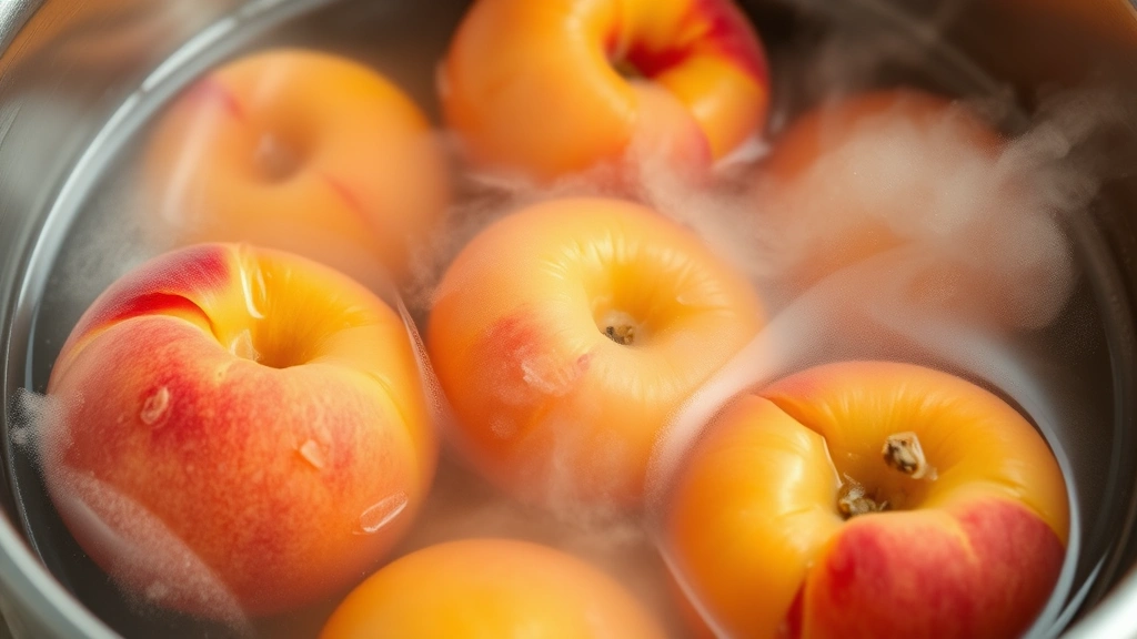 Close-up of fresh ripe peaches being blanched in boiling water with steam rising, showing the fruit transitioning from raw to ready for peeling in a stainless steel pot