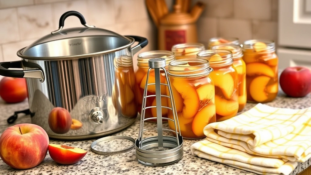 Wide-angle view of a complete home canning setup with hot water bath canner, filled mason jars with peach halves in golden syrup, jar lifter tool, and clean kitchen towels arranged on counter