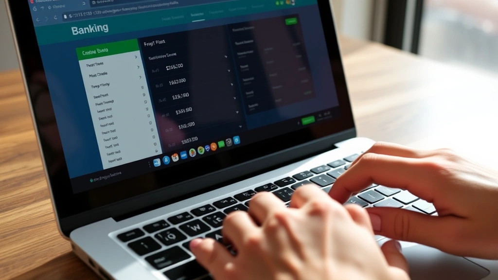 Close-up of hands typing on laptop keyboard with banking website open, transaction history visible on screen, natural lighting from window