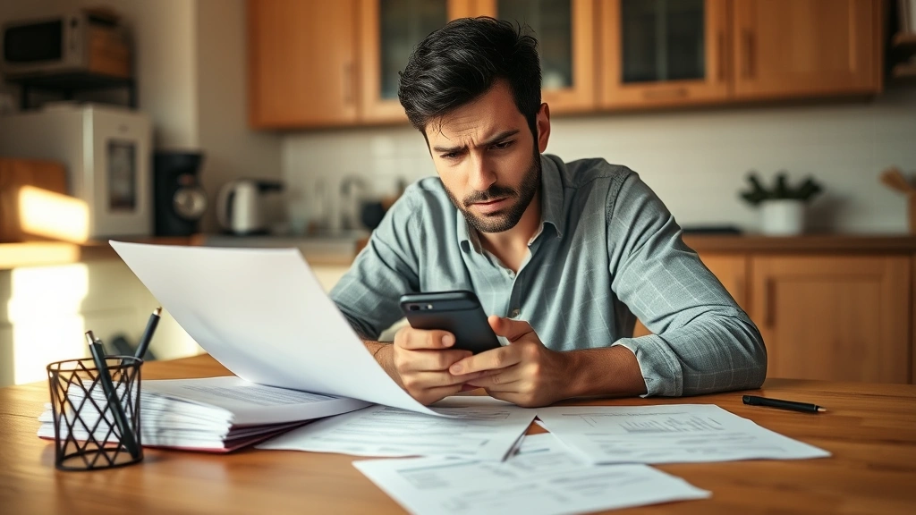 Frustrated person at kitchen table with phone and documents, reviewing transaction records and taking notes, warm natural lighting