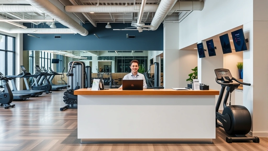 Fitness center front desk area with receptionist behind counter, gym equipment visible in background, modern clean gym facility interior