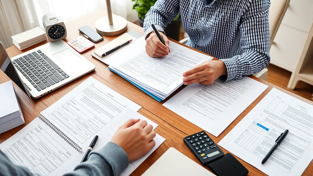 Person reviewing contract documents and taking notes at home office desk with laptop, calculator, and organized paperwork spread out