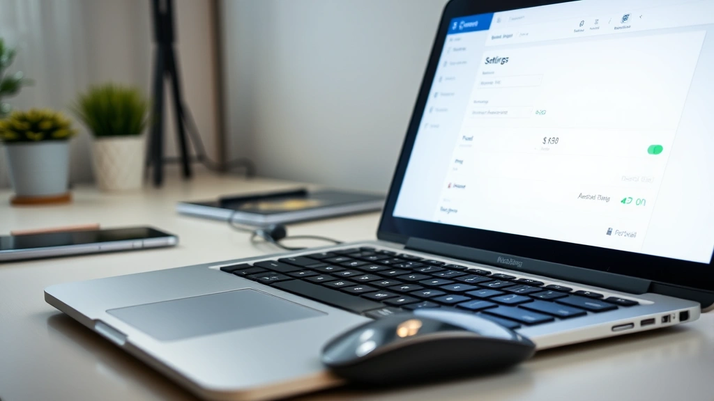 Flat lay of a laptop keyboard and mouse with a computer monitor displaying account settings page, billing information visible, professional home office setup
