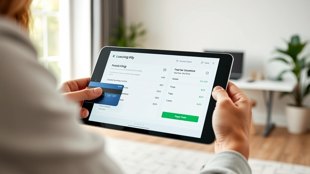 Person holding a credit card while looking at a tablet screen showing subscription billing details, modern minimalist home office background, natural lighting