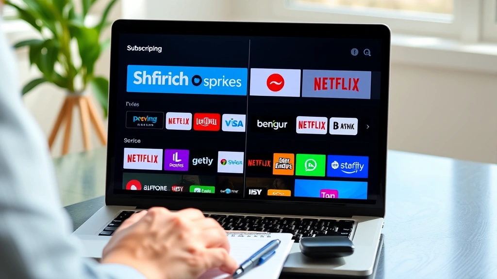 Split-screen comparison showing streaming service logos and icons on a laptop screen, person reviewing different subscription options with calculator and notepad on desk, bright natural lighting