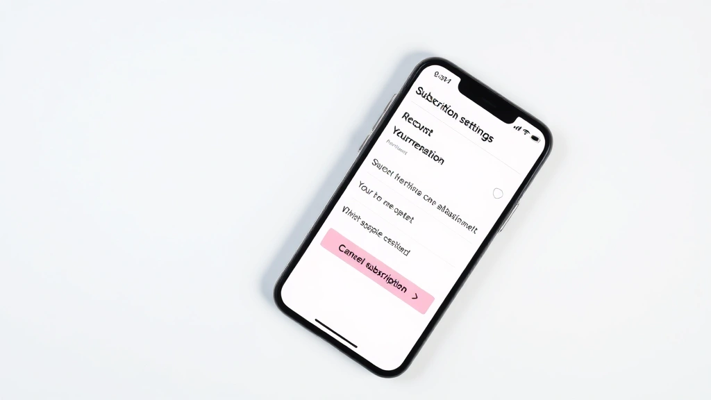 Flat lay overhead shot of mobile phone displaying account settings menu with subscription management options and cancel subscription button visible on screen