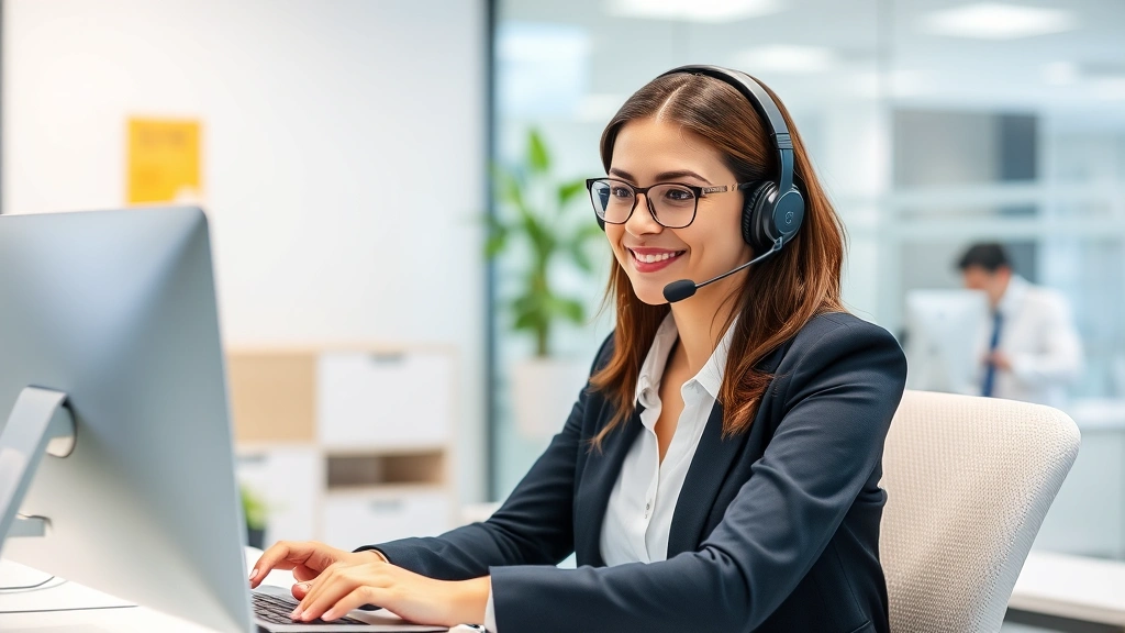 Customer service representative at desk with headset helping caller through cancellation process, professional office environment