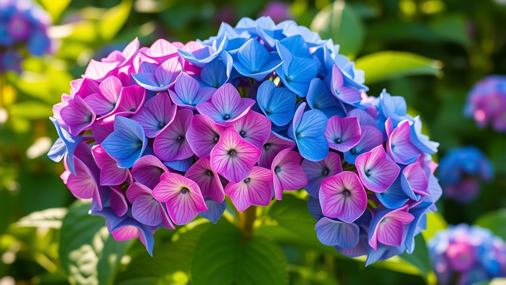 Close-up of vibrant blue and pink hydrangea flower clusters blooming on healthy green foliage in a garden setting, morning sunlight filtering through leaves, shallow depth of field