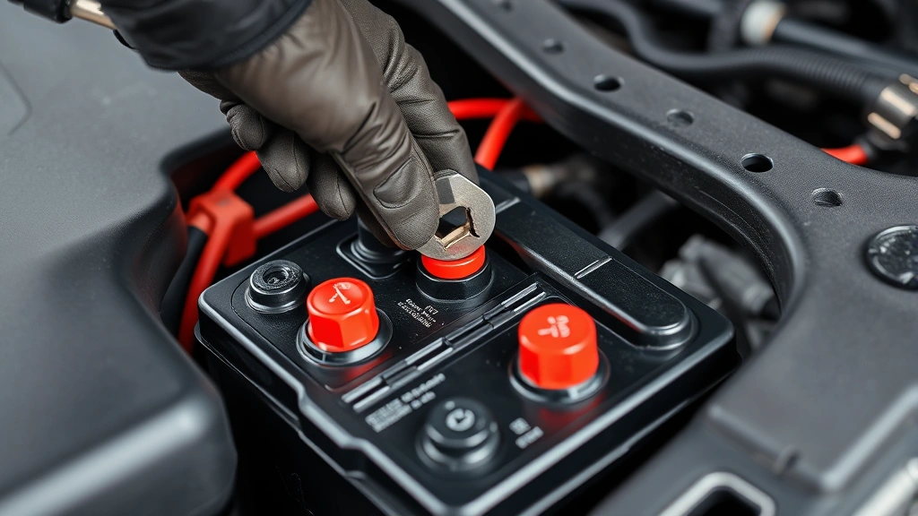 Close-up of a car battery with red and black terminal cables clearly visible under the hood, showing a technician's gloved hands about to disconnect the negative terminal with a wrench