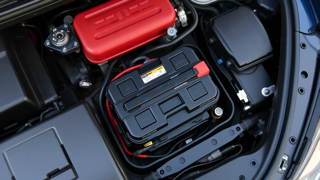 Overhead view of a car engine bay showing a new car battery being carefully positioned into the battery tray with a battery bracket and mounting hardware visible nearby