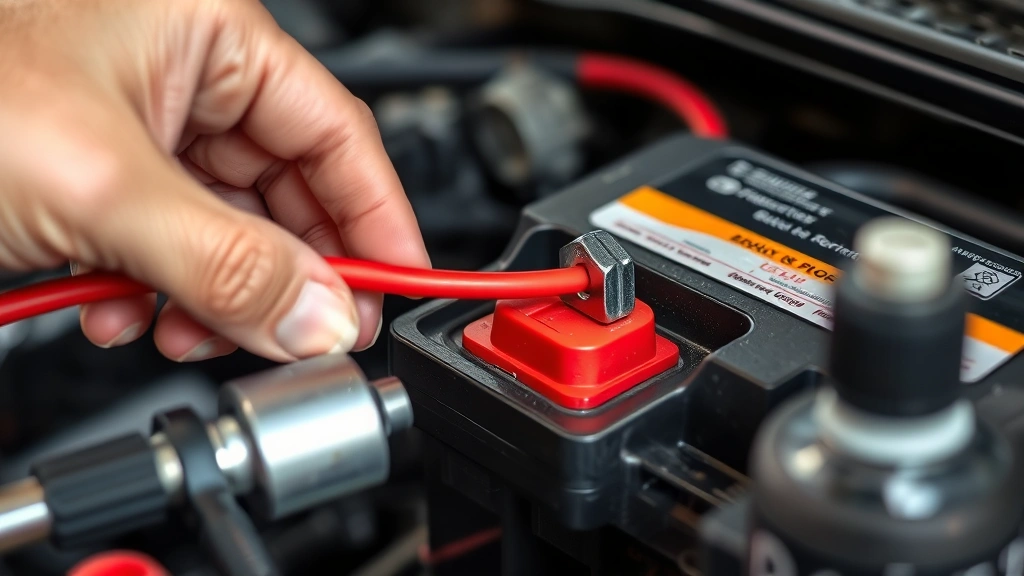 Detailed shot of someone reconnecting a positive red cable to a clean car battery terminal post, with a socket wrench and battery terminal protector spray bottle visible on the workbench