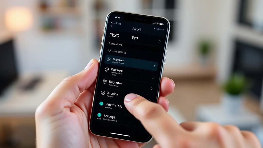 Person holding smartphone with Fitbit app open showing time and date settings interface, finger pointing at sync button, modern home setting