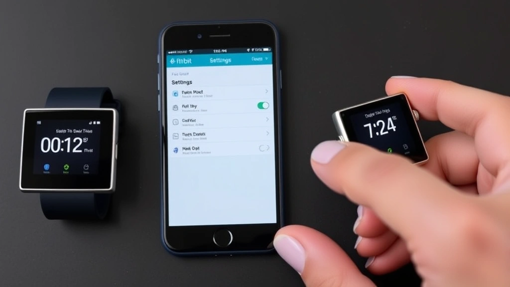 Fitbit device next to smartphone both displaying matching times, hands adjusting Fitbit settings menu, showing successful synchronization between devices