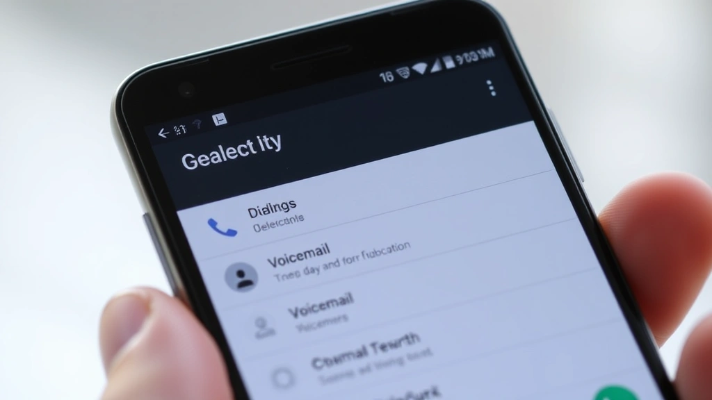 Android smartphone displaying Dialer app menu with Settings and Voicemail options visible, user's hand holding phone, clear indoor lighting
