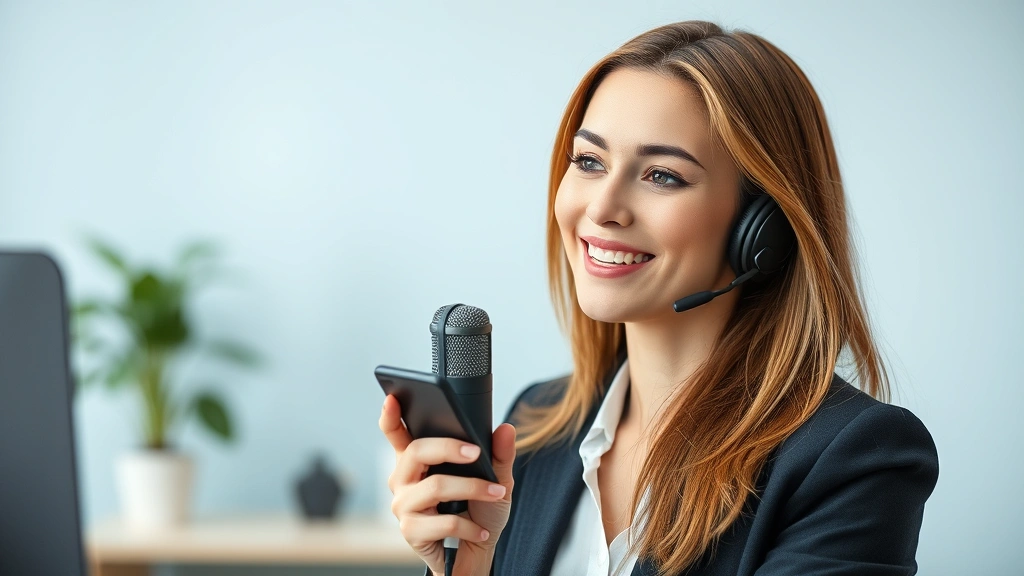 Professional woman speaking into smartphone microphone in quiet office environment with pleasant expression, recording voicemail greeting, neutral background with soft focus
