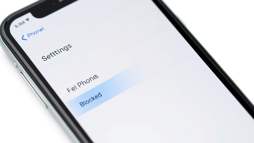 Close-up of iPhone screen showing Settings app open with Phone section visible, clean white background, realistic iOS interface with blue highlight on Blocked Contacts option