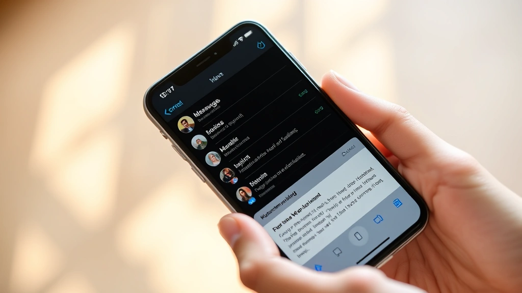 Hands holding iPhone displaying Messages app with contact list visible, natural lighting, showing typical iOS message thread interface without any text overlays