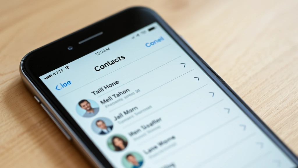 iPhone screen showing Phone app Contacts tab with several contact names listed, professional photography, clear iOS design elements, soft natural lighting