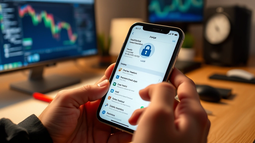 iPhone displaying security notification on screen with lock icon, user reviewing installed apps in settings, organized tech workspace, professional lighting, shallow depth of field