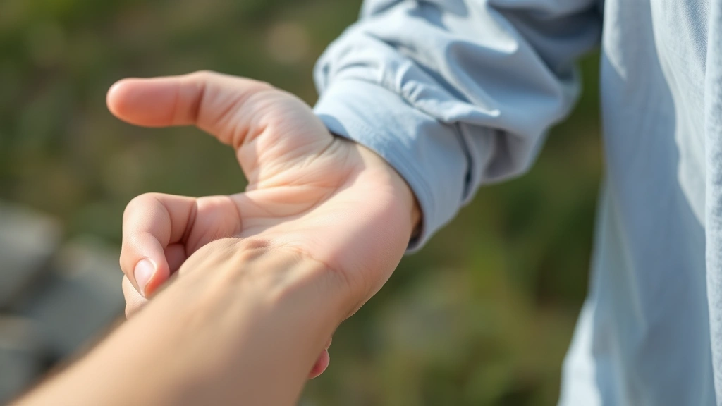 Close-up of person's wrist showing proper two-finger pulse-checking technique on inner wrist, natural lighting, hands visible clearly