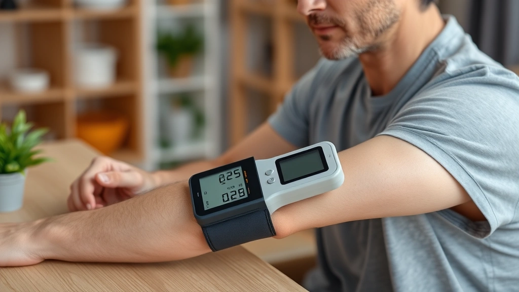 Adult using digital automatic blood pressure monitor on upper arm while seated comfortably at home table, relaxed posture