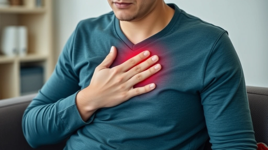 Person experiencing chest discomfort holding hand to chest area, looking concerned but not in extreme distress, sitting position