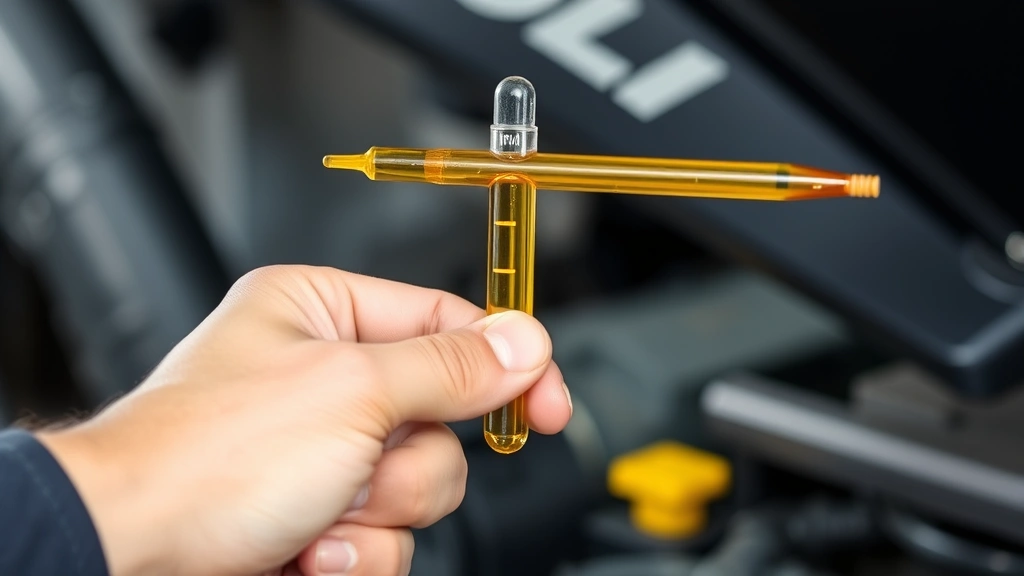 Mechanic pointing to oil level marks on a dipstick held horizontally at eye level, with minimum and maximum indicators clearly visible and amber-colored oil coating the stick