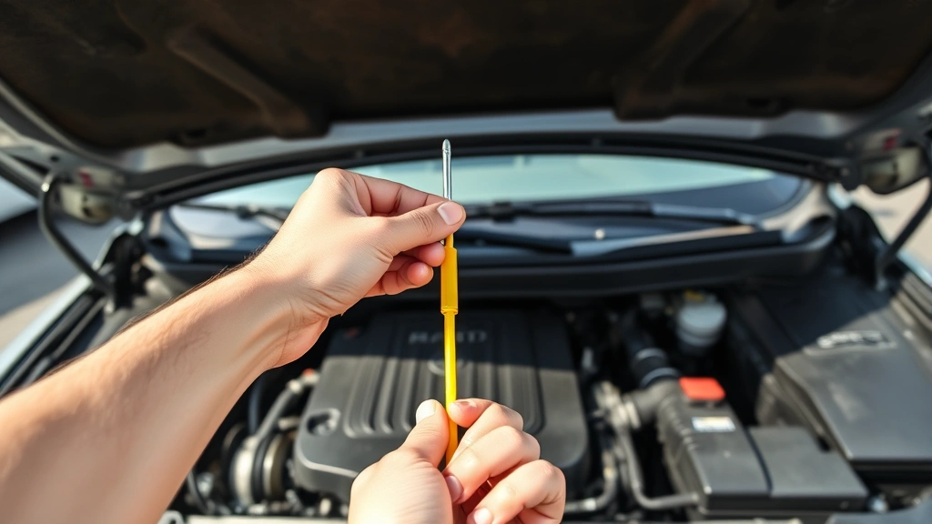Wide shot of an open car hood with a hand inserting a yellow-handled dipstick into its tube, showing the engine compartment and surrounding components in natural daylight