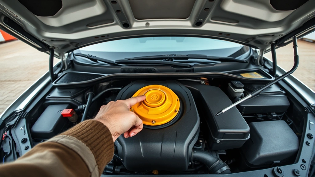 Wide angle shot of an open car hood with a person pointing to the yellow oil cap on top of the engine block, with dipstick tube visible nearby