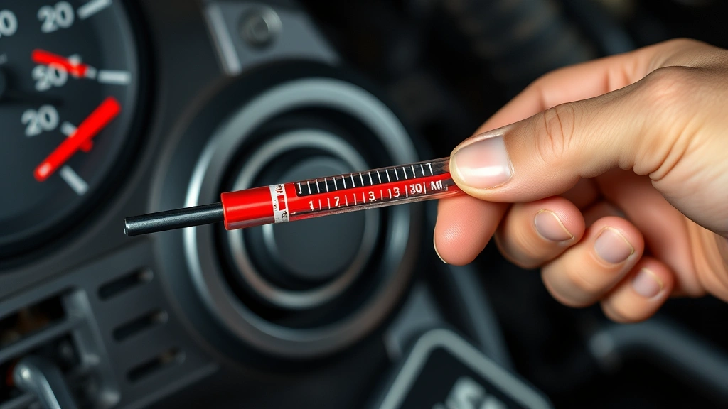 Mechanic's hand holding dipstick from power steering reservoir showing fluid level markings, comparing against minimum and maximum lines, bright red fluid visible
