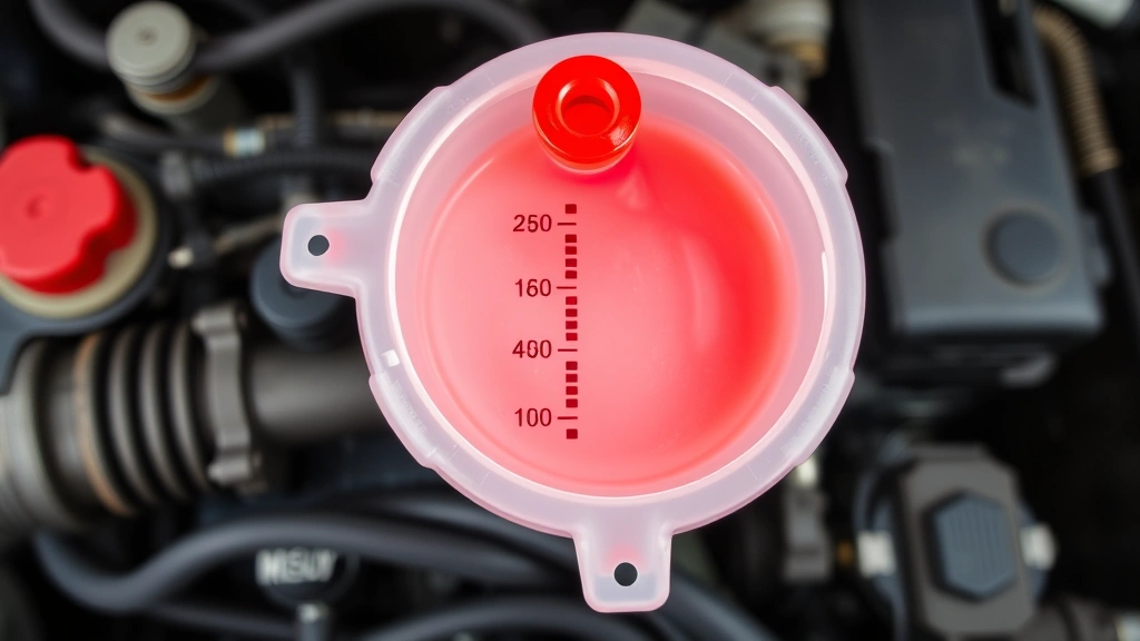Top-down view of power steering fluid reservoir showing bright red fluid level between minimum and maximum lines on translucent plastic container, engine bay background