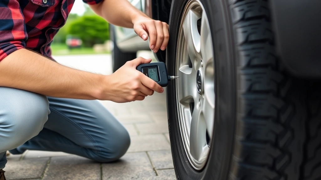 Person in casual clothing kneeling beside a vehicle wheel, checking tire pressure with a digital gauge, tire clearly visible with proper tread depth, suburban driveway background
