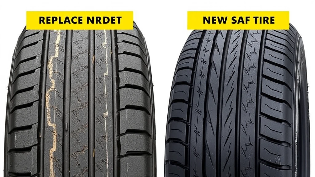 Side-by-side comparison of worn tire with visible wear bars and new tire with deep tread grooves, showing the difference between replacement-needed and safe tires