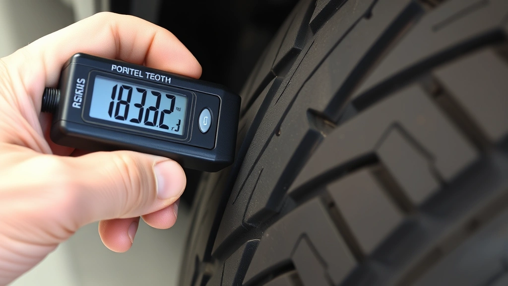 Mechanic's hands holding a digital tread depth gauge pressed into tire groove, displaying measurement reading on LCD screen for precise tread depth assessment