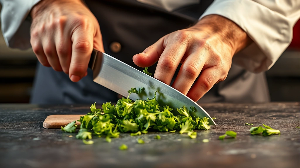 Professional chef's hands demonstrating knife roll chopping technique on cilantro, sharp chef's knife making precise cuts with proper claw hand grip