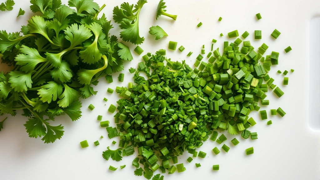 Overhead view of finely chopped cilantro on white cutting board next to whole cilantro bunch, showing texture comparison and chopping results