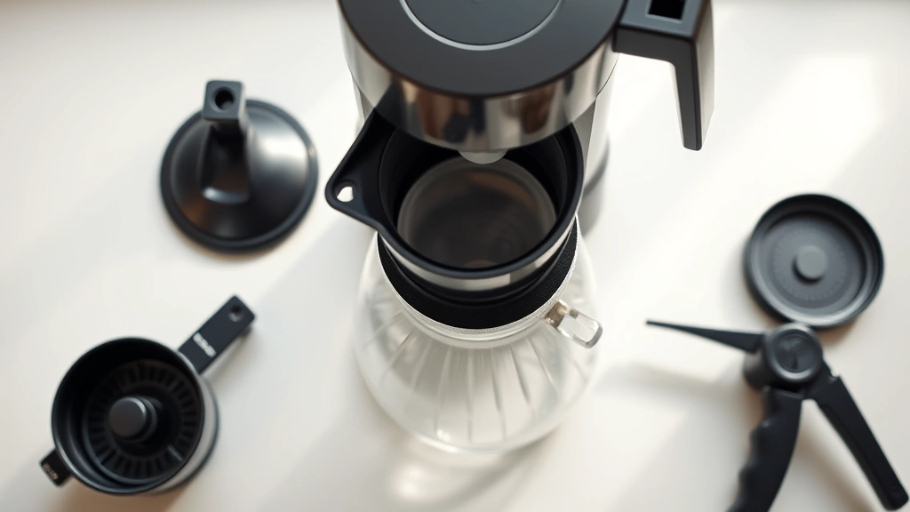 Close-up overhead view of a disassembled drip coffee maker showing removable brew basket, carafe, and spray head components laid out on a clean kitchen counter with soft natural lighting