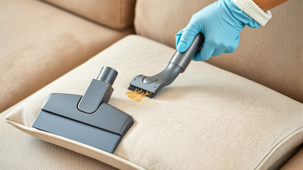 Close-up of hands wearing rubber gloves vacuuming a beige upholstered couch cushion with a handheld upholstery attachment, showing debris being collected