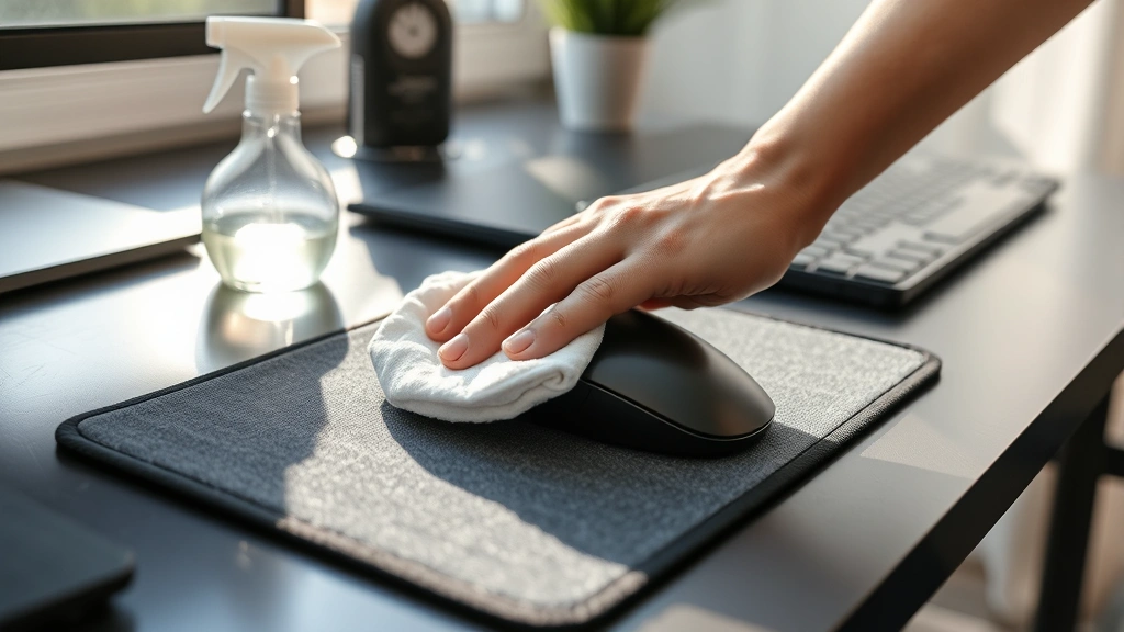 Close-up of hands using a soft microfiber cloth to gently wipe a fabric mouse pad on a desk, with a spray bottle of cleaning solution nearby and morning sunlight streaming through a window