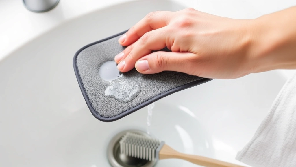 A fabric mouse pad being held upright while water drains from it after rinsing, positioned over a white sink with a soft-bristled brush and clean towel visible on the counter