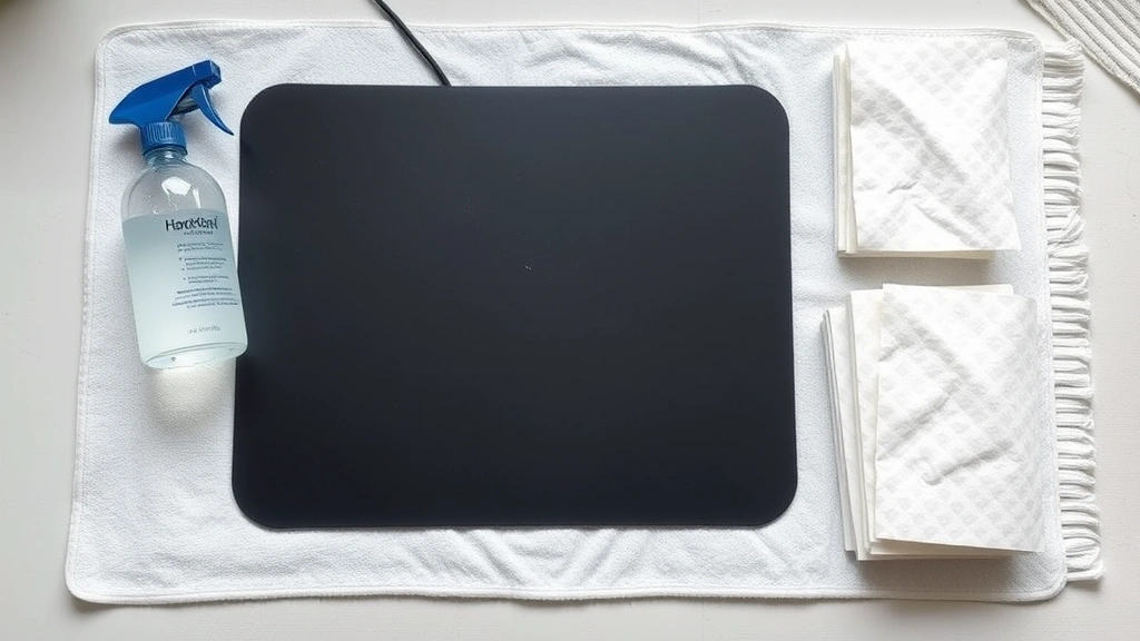 A hard plastic gaming mouse pad lying flat on a clean white towel during air drying, with a spray bottle of isopropyl alcohol and lint-free paper towels arranged beside it