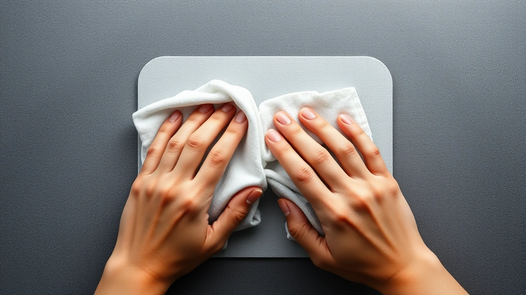 Close-up overhead view of hands wiping a cloth mousepad with a microfiber cloth, showing the circular cleaning motion on a dusty gray surface