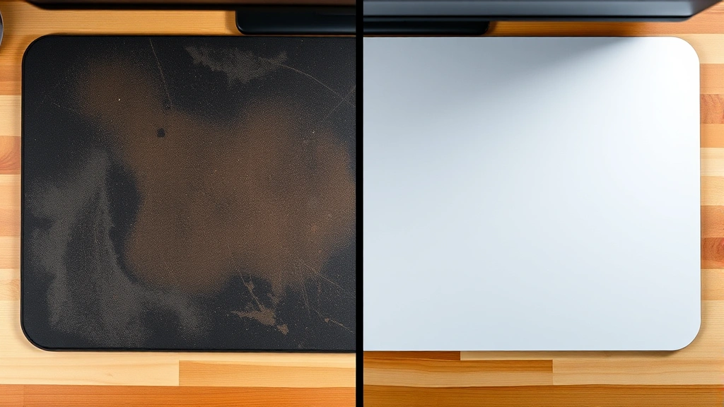 Split-screen comparison showing a dirty grimy mousepad on the left side and a clean, pristine mousepad on the right side, both photographed from above