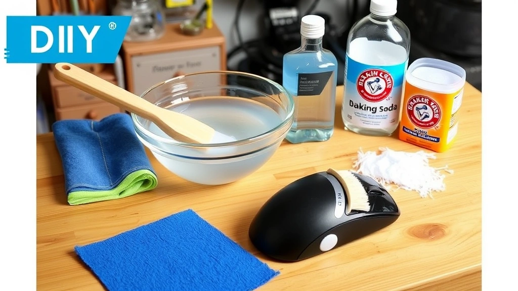 DIY setup on a wooden workbench displaying cleaning supplies: bowl of soapy water, soft-bristled brush, microfiber cloth, bottle of isopropyl alcohol, baking soda, and a mousepad being cleaned with a brush