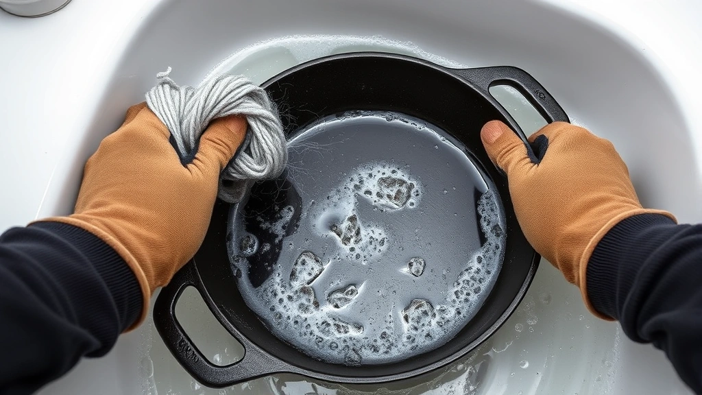 Hands wearing work gloves using steel wool to scrub rust off a cast iron skillet in a sink with warm soapy water, action shot showing scrubbing motion