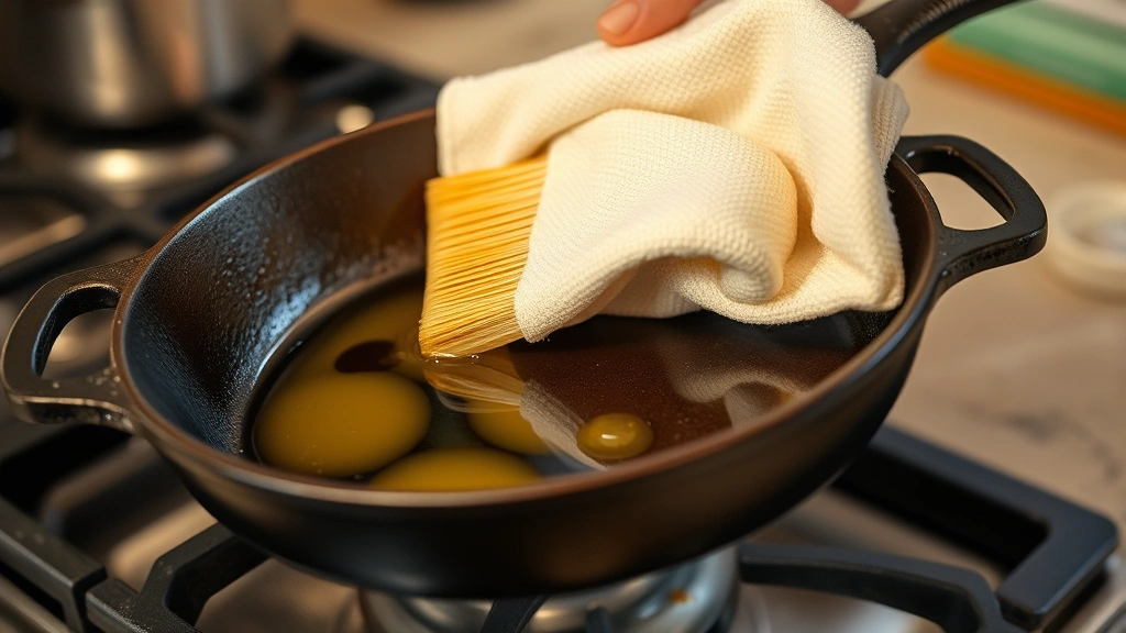 Cast iron skillet being brushed with oil using a cloth during seasoning process, skillet tilted to show even oil coating on cooking surface, warm kitchen lighting